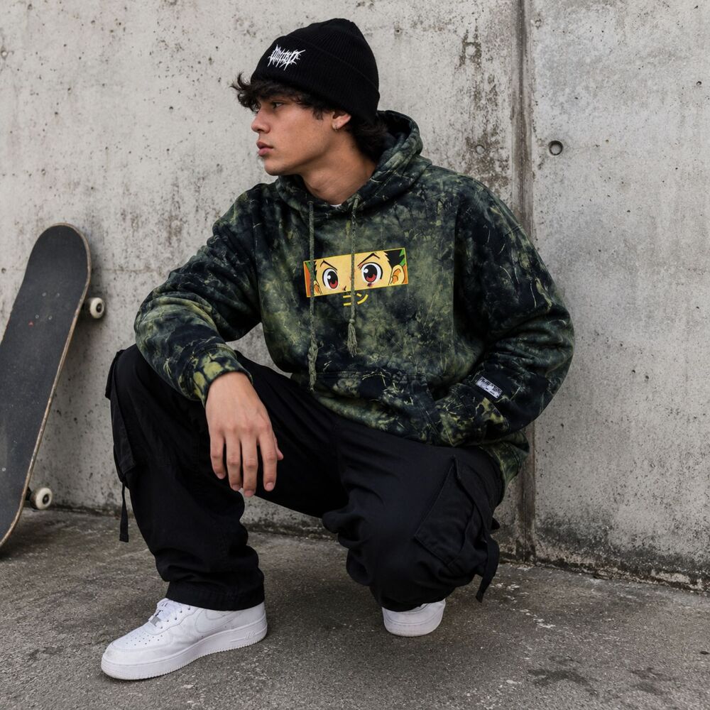 Hypland x Hunter x Hunter Gon Eye Hoodie S Green Tie Dye Anime Streetwear HxH